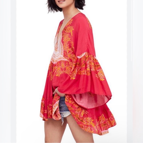 Free People Sunset Dreams V Neck Ruffle Bell Sleeve Tunic Blouse Top oversized - Picture 4 of 15